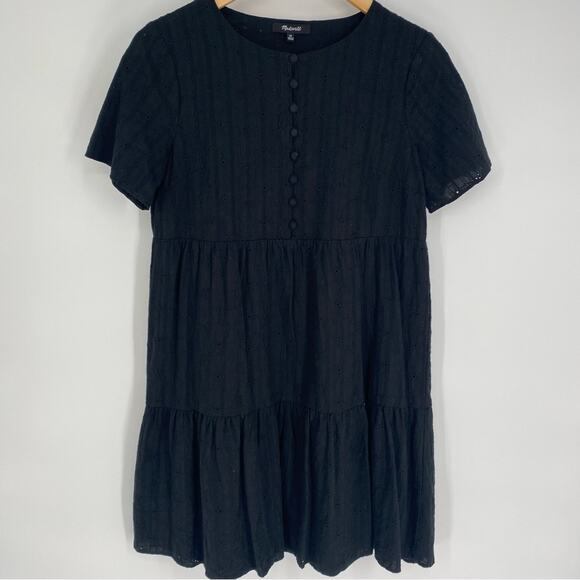 Madewell Dress Black Embroidered Eyelet Button Front Tiered Quiet Luxury XS - Picture 2 of 8